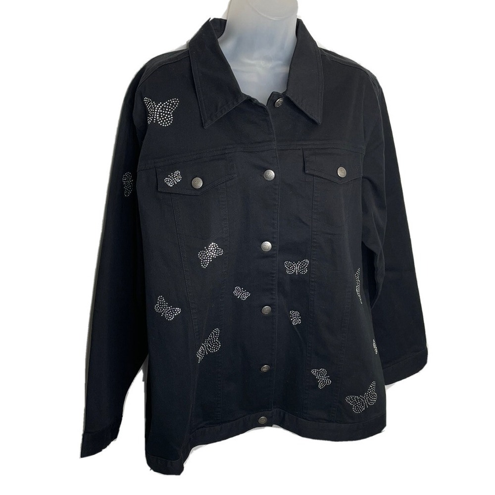 Vtg Quacker Factory Black‎ Denim Jacket Butterflies Rhinestones L Western Granny